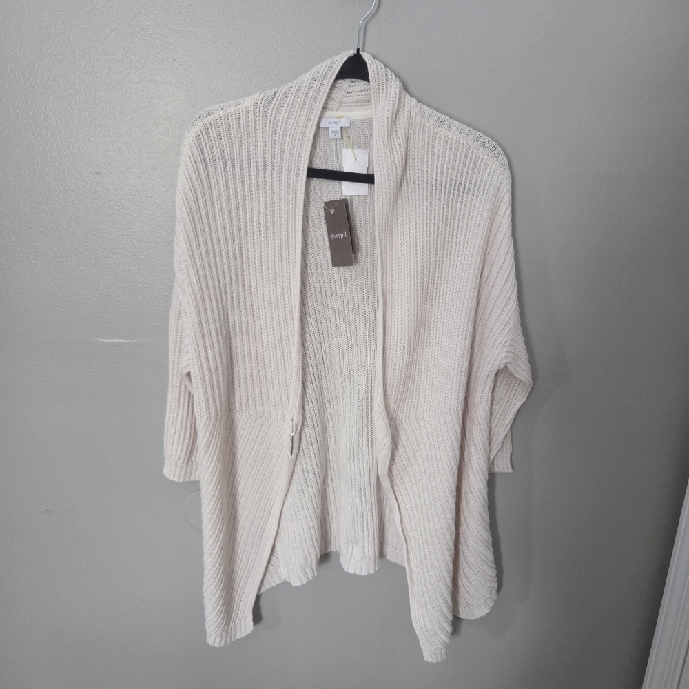 Pure Jill Women's Tan Relaxed Open Knit Cardigan Sweater Sz M Lagenlook Office - Picture 3 of 8